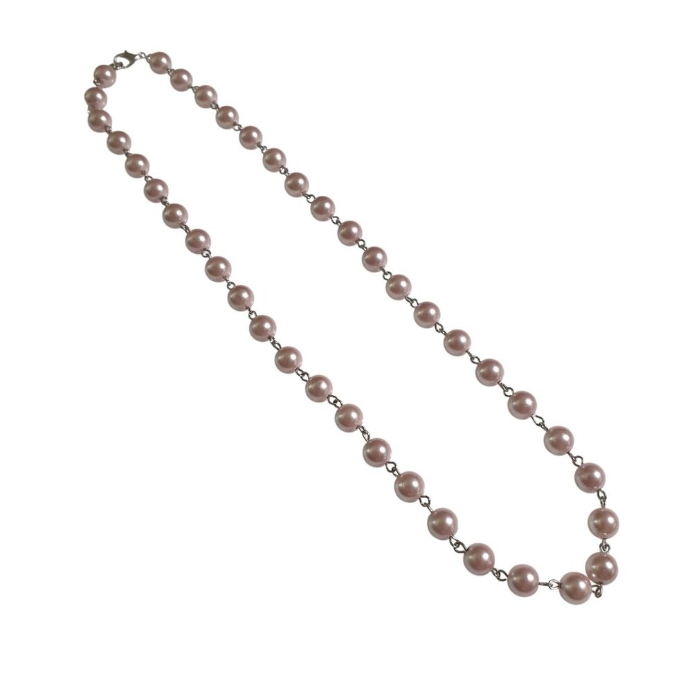 Faux Pink Pearl Beaded Necklace With Silver Tone Chain Lobster Clasp Closure